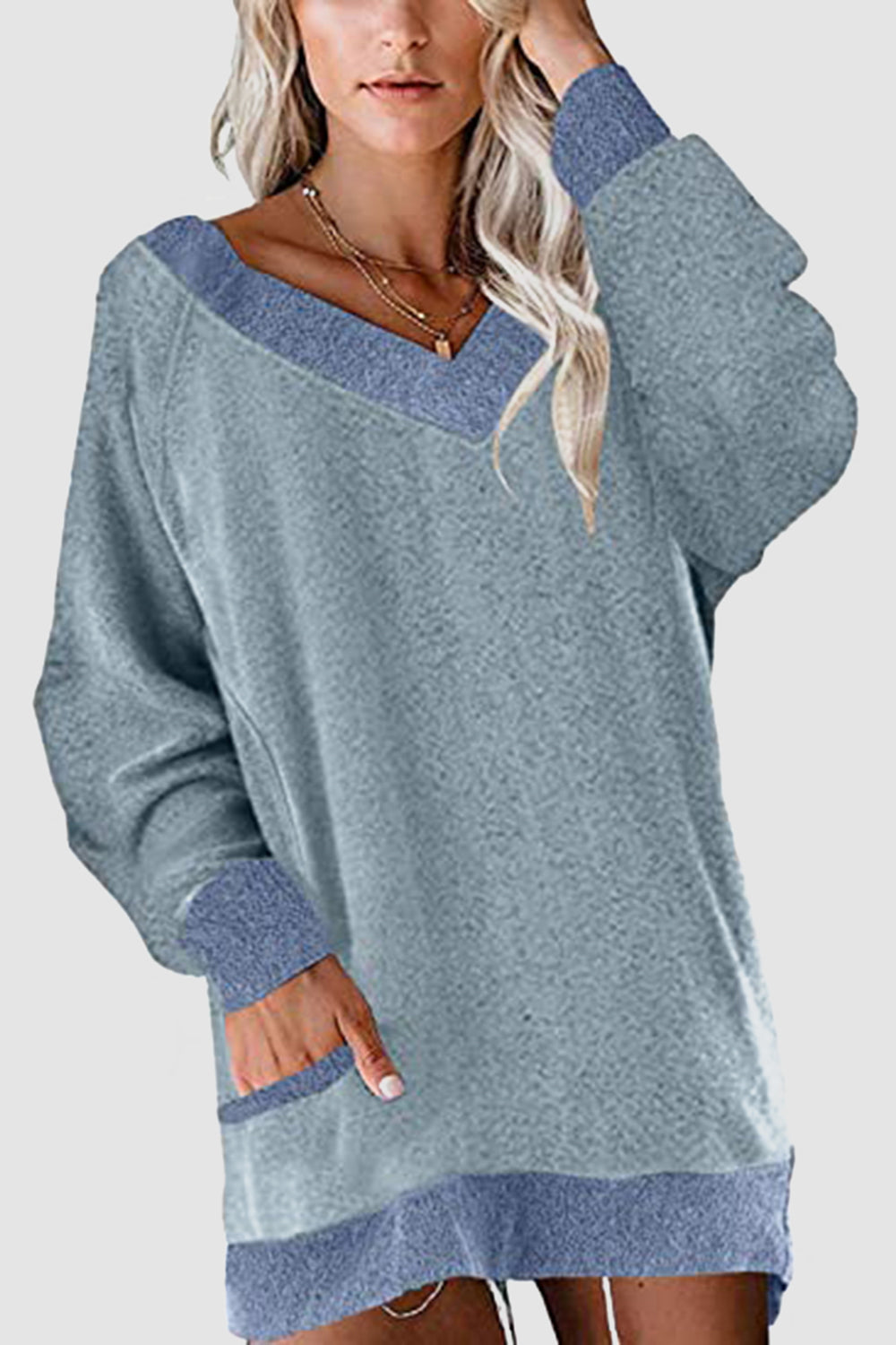 V-Neck Long Sleeve Sweatshirt with Pockets