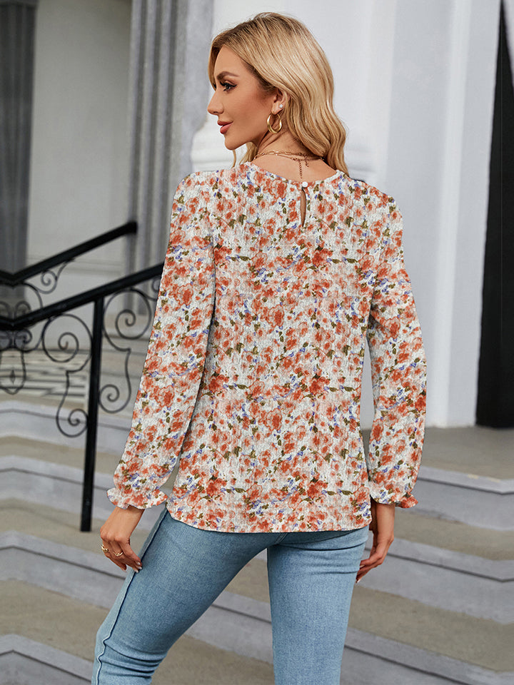 Printed Round Neck Flounce Sleeve Blouse