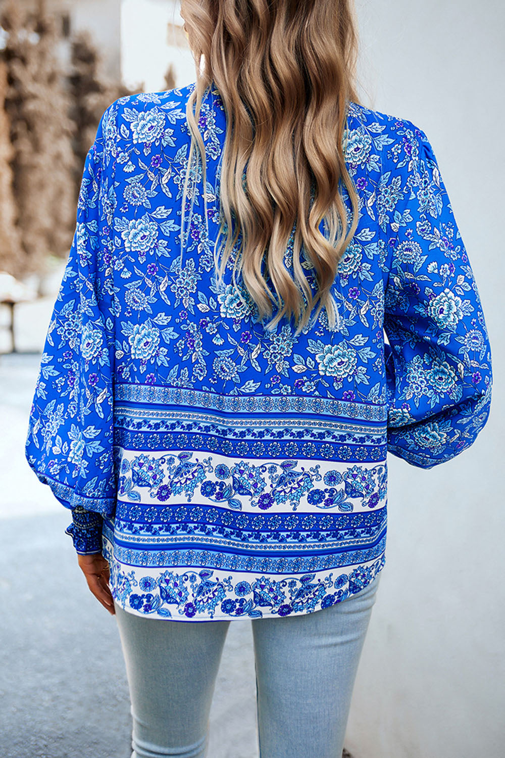 Printed Collared Neck Smocked Lantern Sleeve Shirt