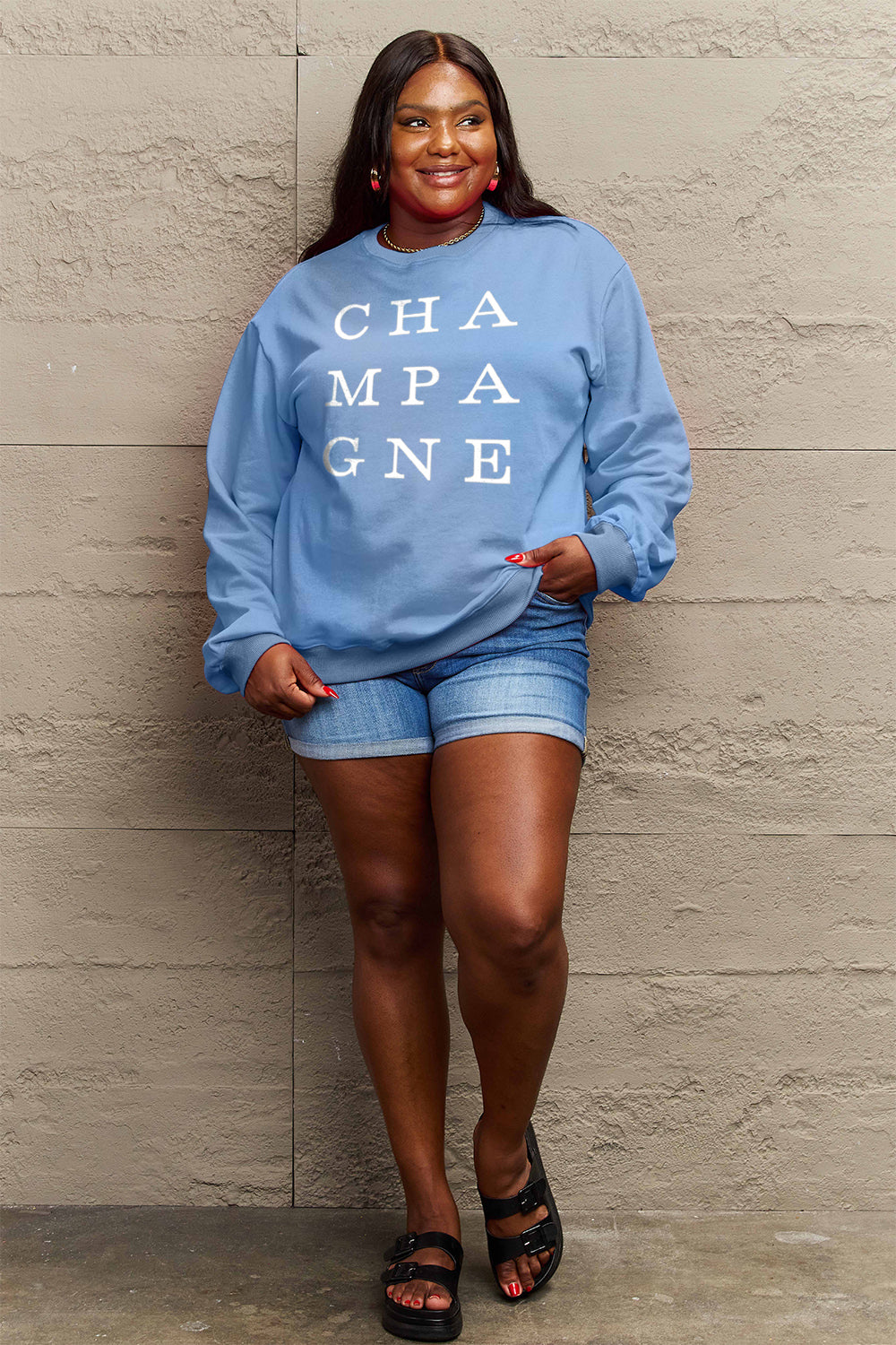 Simply Love Full Size CHAMPAGNE Graphic Long Sleeve Sweatshirt