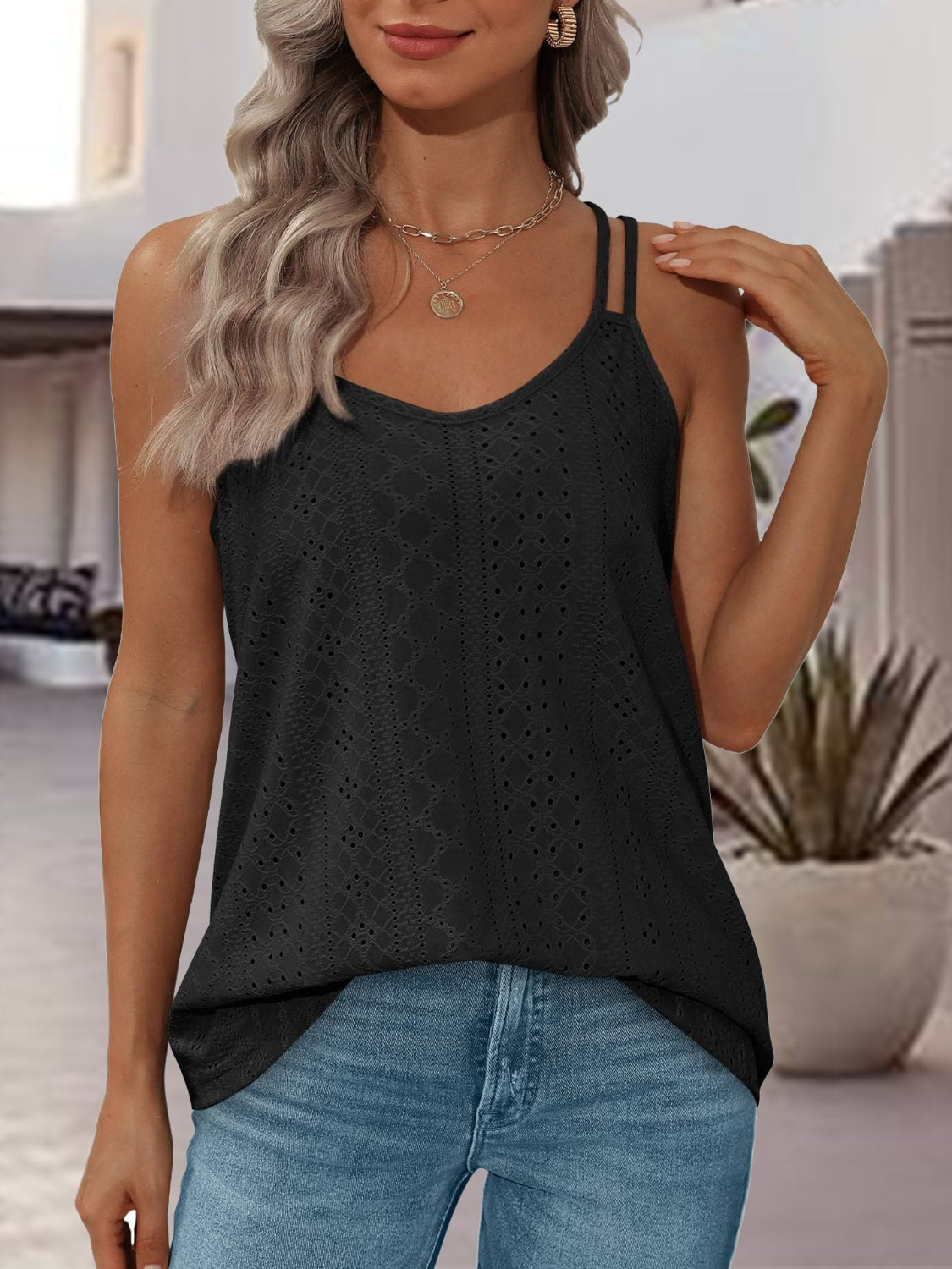 Eyelet Scoop Neck Spaghetti Strap Cami