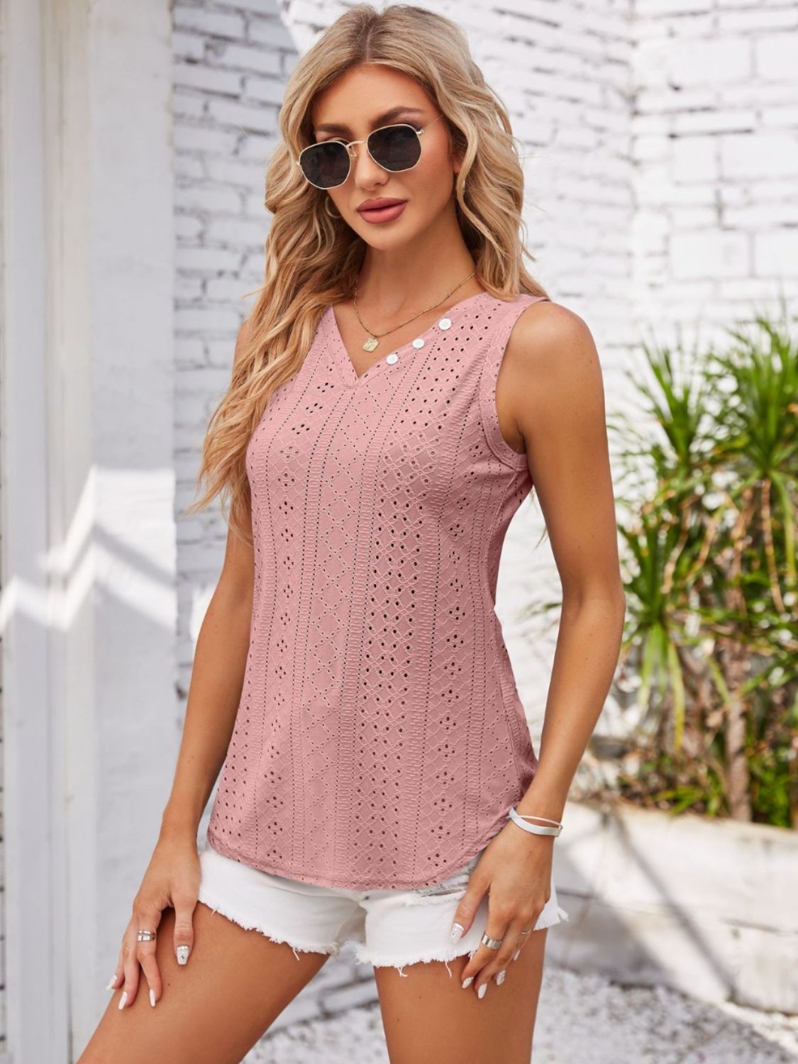 Eyelet Decorative Button V-Neck Tank