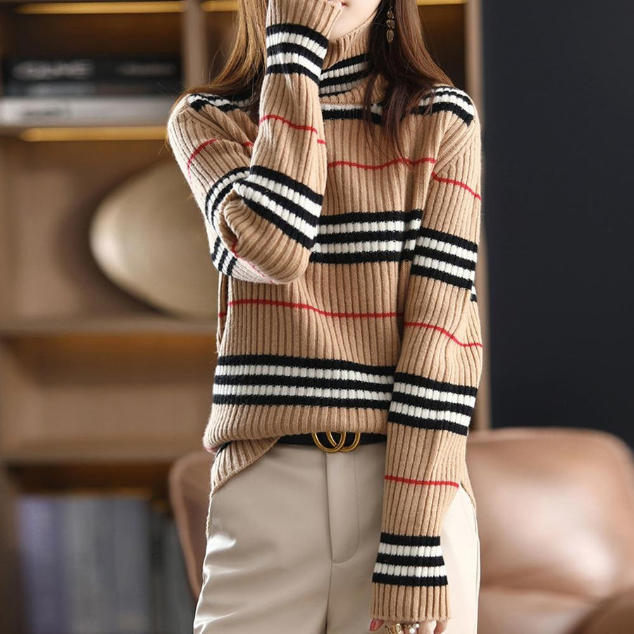 Neutral Red and Black Striped Plaid Sweater
