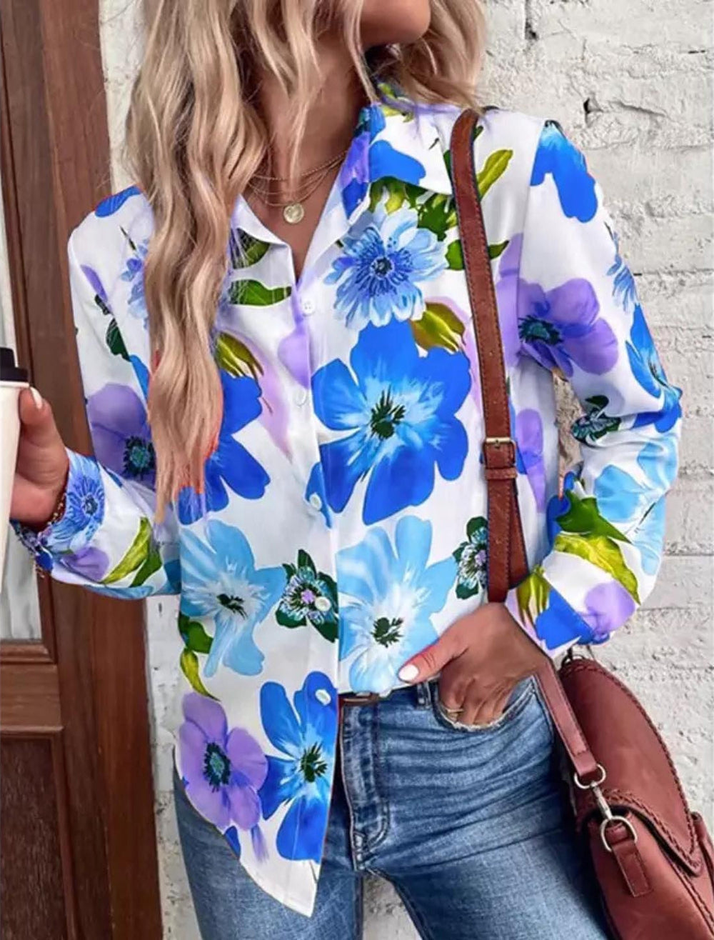 Fresh Floral Print Collared Top