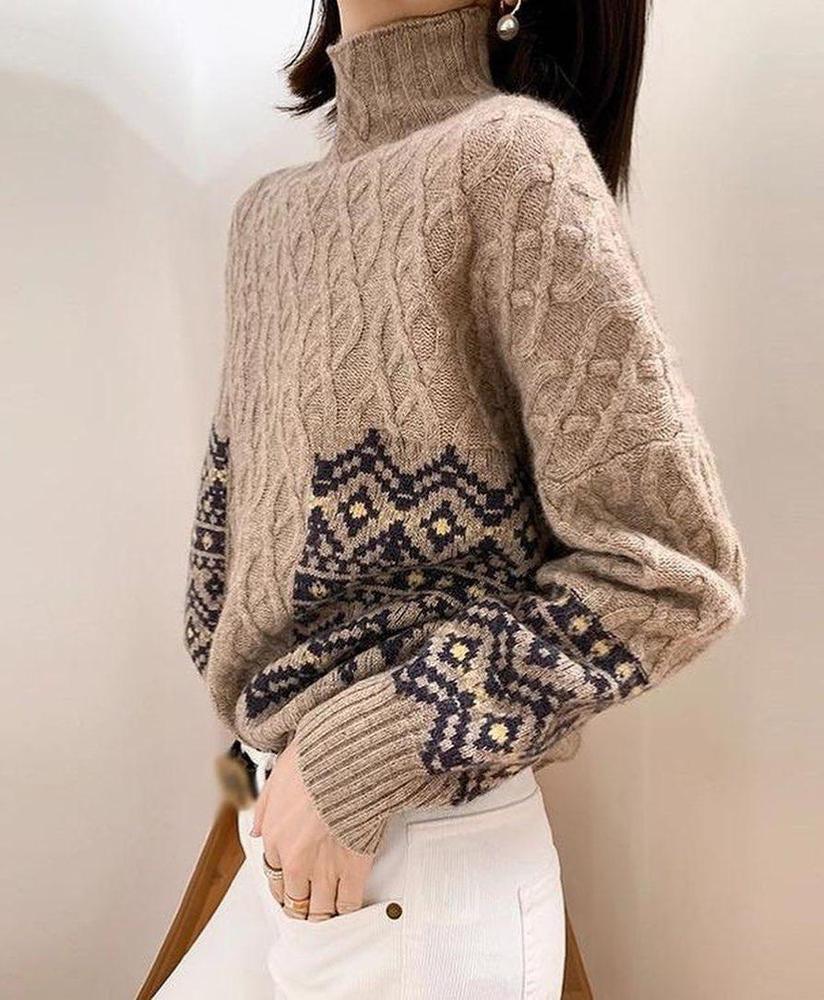 Stylish High Neck Cable-Knit Long Sleeve Printed Sweater