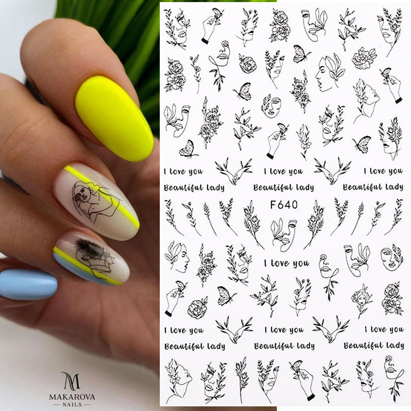 1PC Sexy Lady Shaped 3D Nail Stickers Character Face Image Leaves Flower Decals Slider Black White DIY Nail Art Decorarion