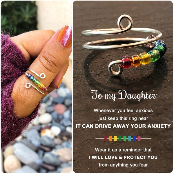 (Best Anxiety Relief Gift)To My Daughter Rainbow Beads Fidget Ring