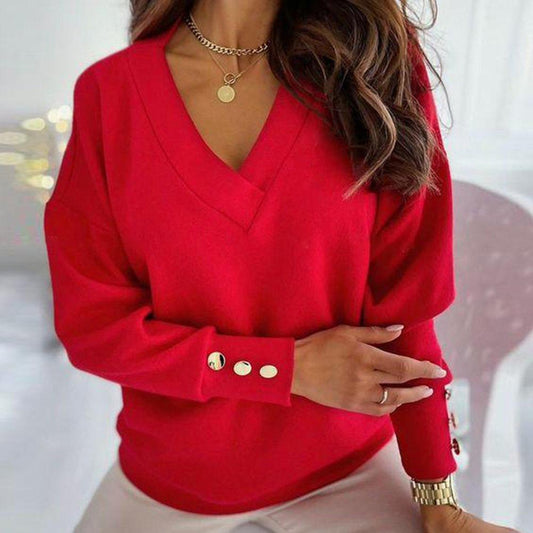 Siren Red V-Neck Gold Button Top