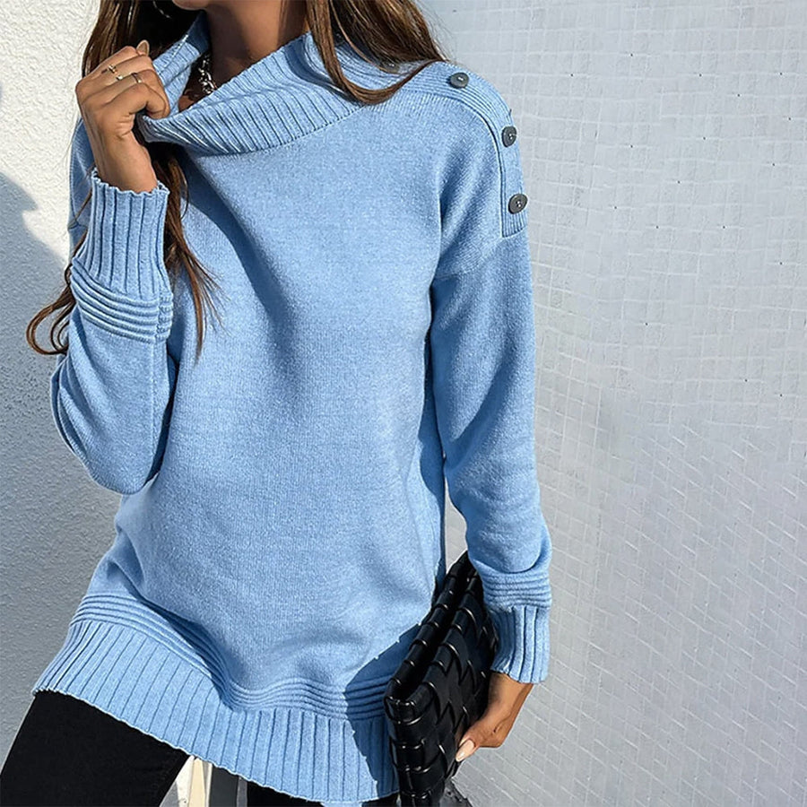 Blue Plain High Neck Sweater