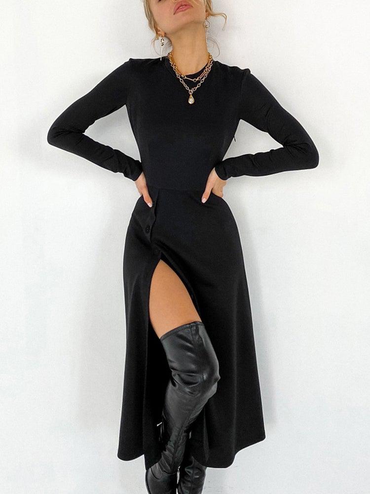 Sexy Black Round Neck Plain Midi Dress