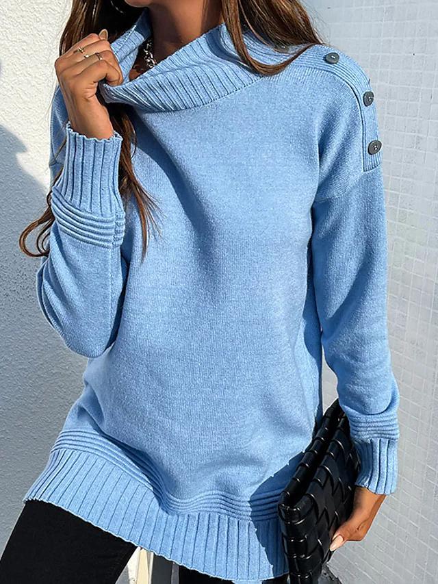 Blue Plain High Neck Sweater