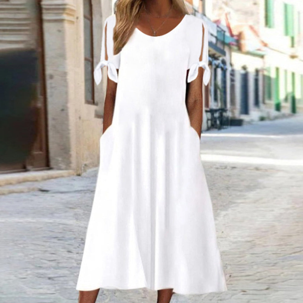 Fresh White Round Neck Split Sleeve Side Pocket Midi Dress
