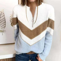 Youthful Zipper V-Neck Color Block Sweater