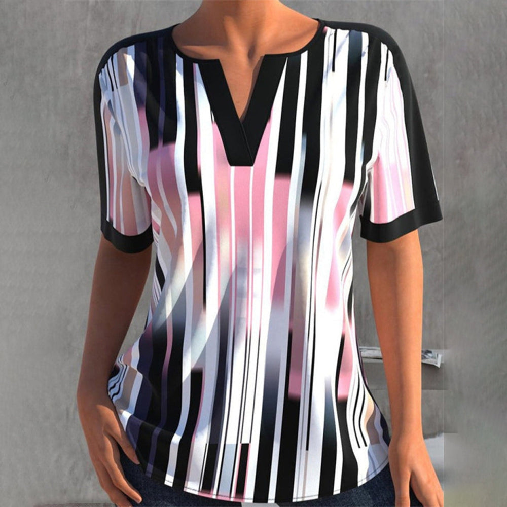 Sporty Pink and White Stripe Black Trim Short Sleeve Top