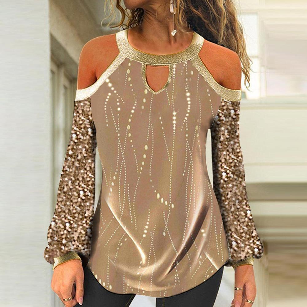 Chic Gold Cold Shoulder Sequined Top