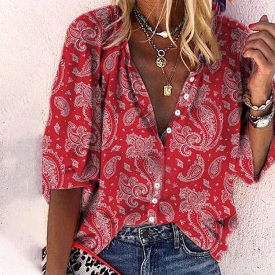 Slouchy Red Paisley Print Button Front Top