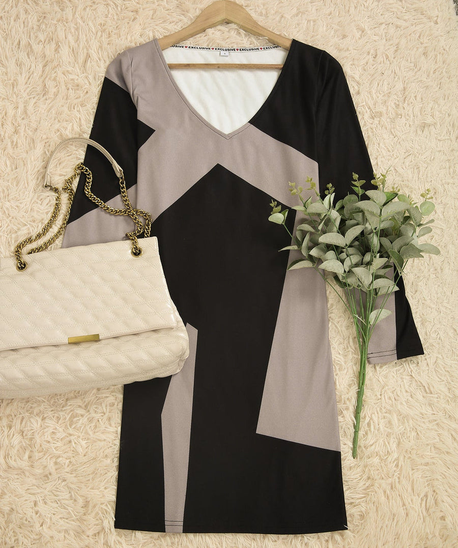 Zig-Zag Neutral and Black Long Sleeve Mini Dress