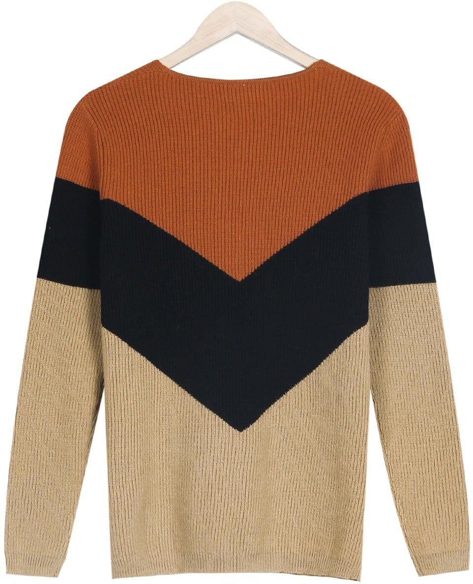 Autumn Color Block Chevron Knitted Sweater