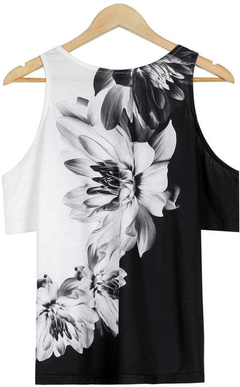 Metal Ring Black and White Flower Tunic Top
