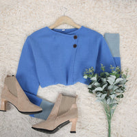 Boho Blue and Gray Button Front Long Sleeve Sweater