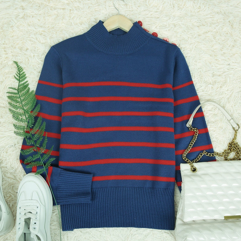 Retro 90s Striped Turtleneck Shoulder Button Sweater