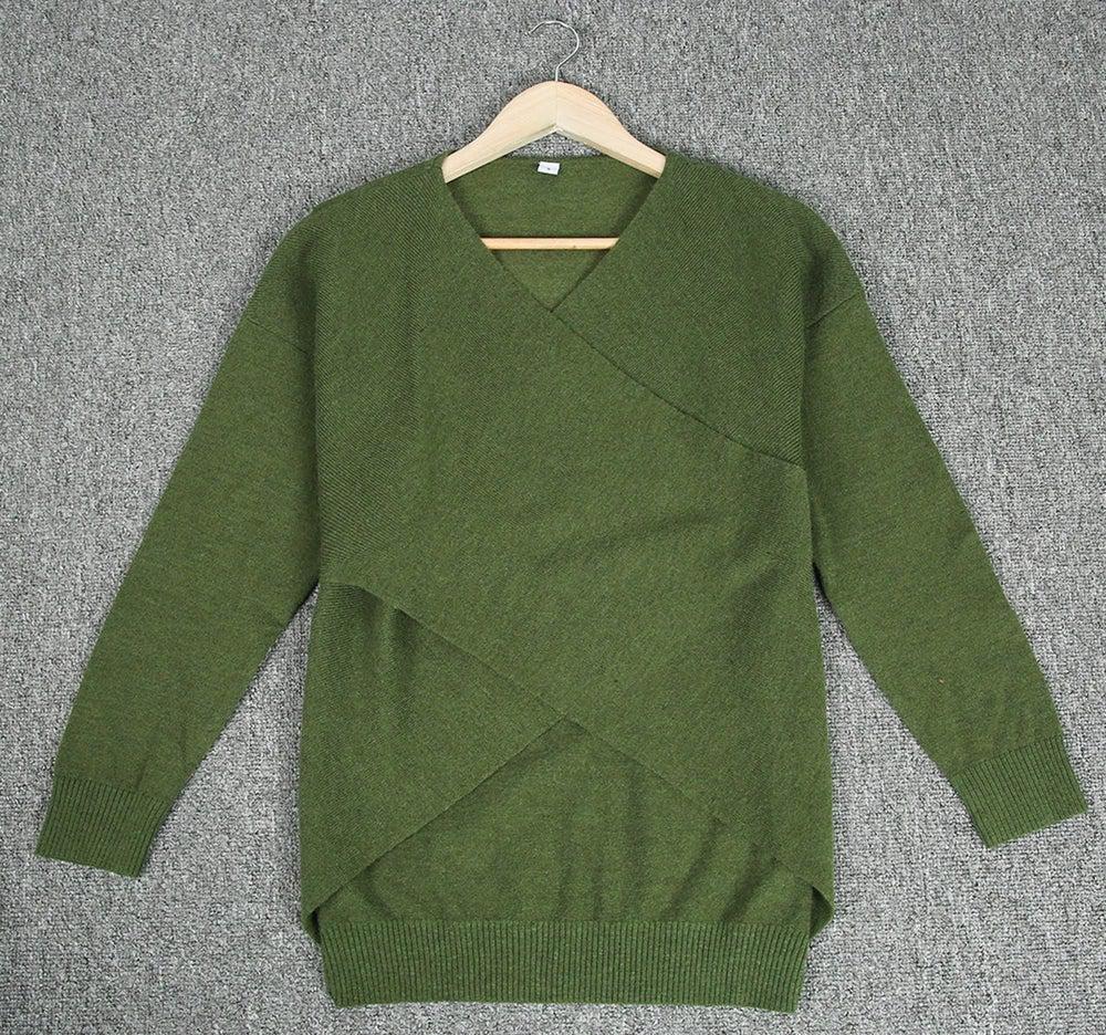 Olive Plunging V-Neck Sexy Sweater