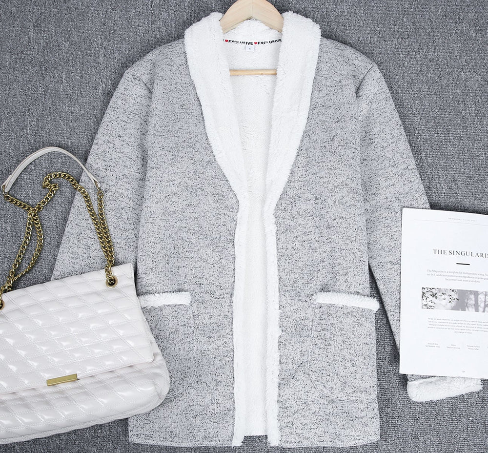 Cozy Gray and White Trim Double Pocket Cardigan