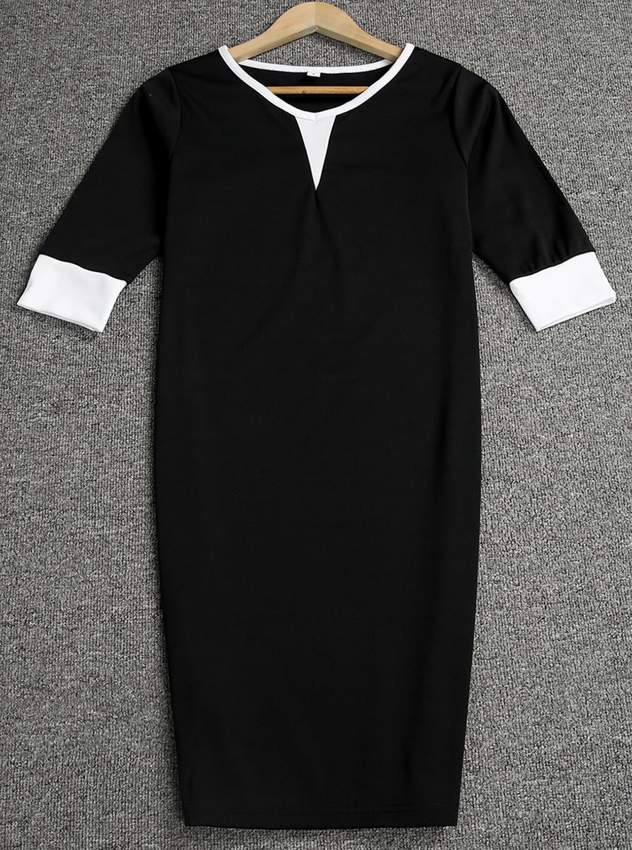 White Trim Solid Black Work Mini Dress