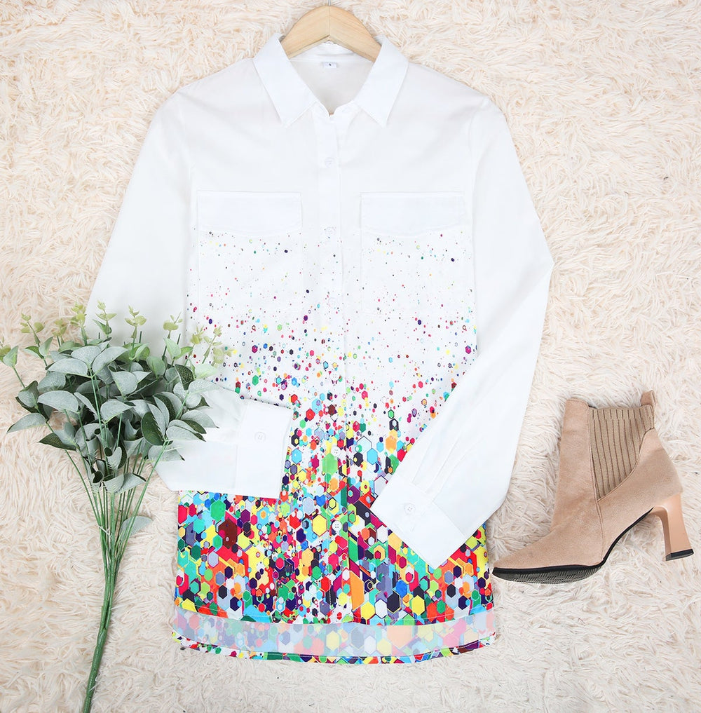 Attractive Print Collared Long Sleeve Top