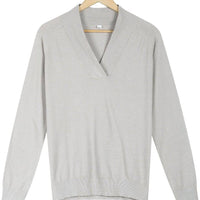 Simple Grey Plain Long Sleeve V-Neck Sweater