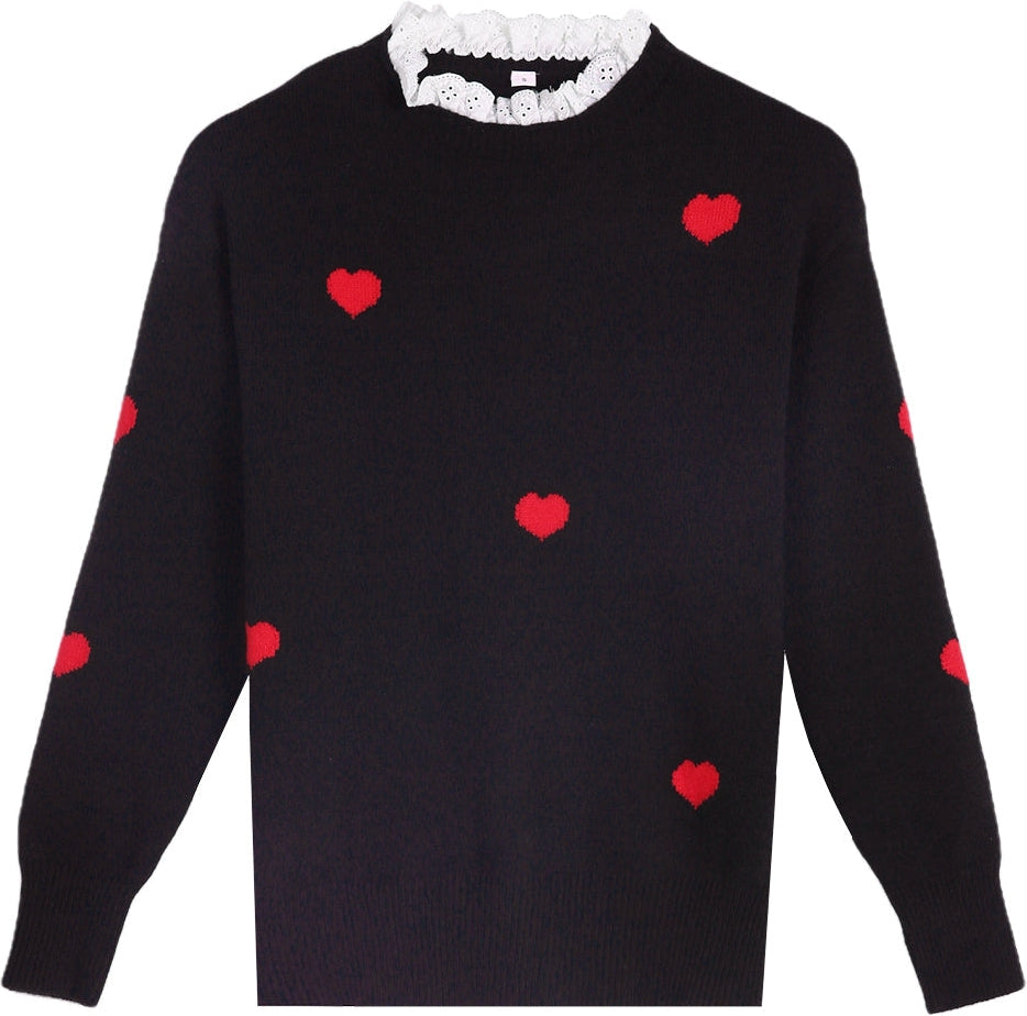 Floating Red Heart Black Round Neck Sweater