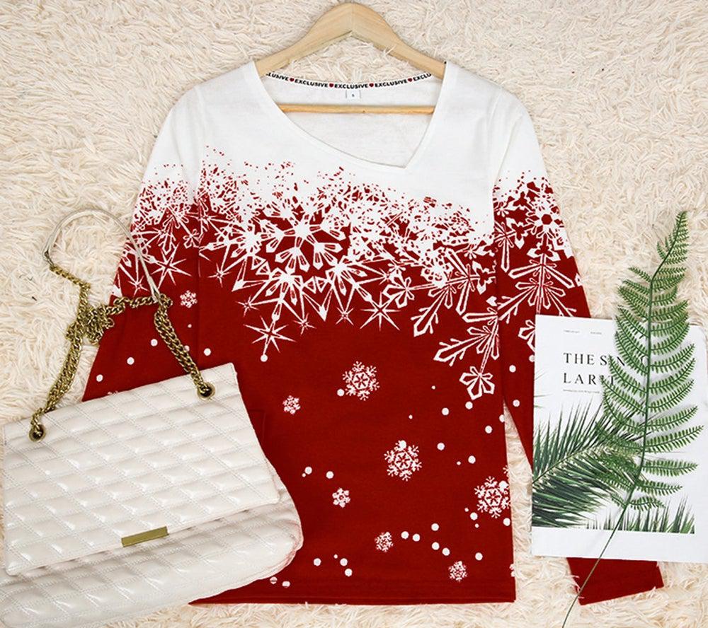 Red Holiday Snowflake Asymmetrical Long Sleeve Top