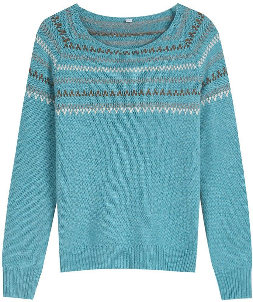 Casual Blue Print Long Sleeve Sweater