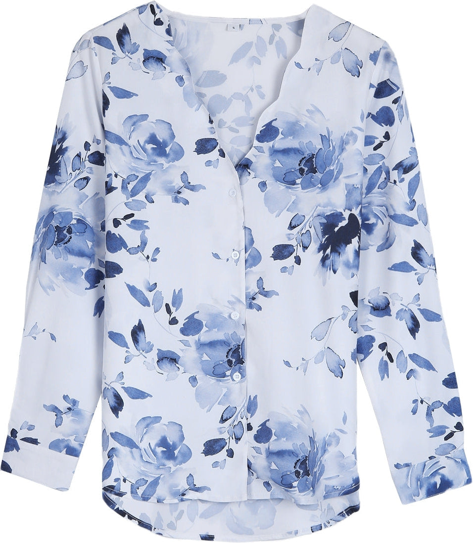 Blue and White Watercolor Flower Button Front Blouse