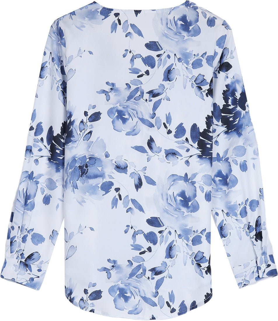 Blue and White Watercolor Flower Button Front Blouse