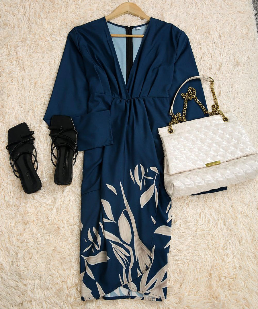 Floral Blue V-Neckline Ruched Front Slit Mini Dress