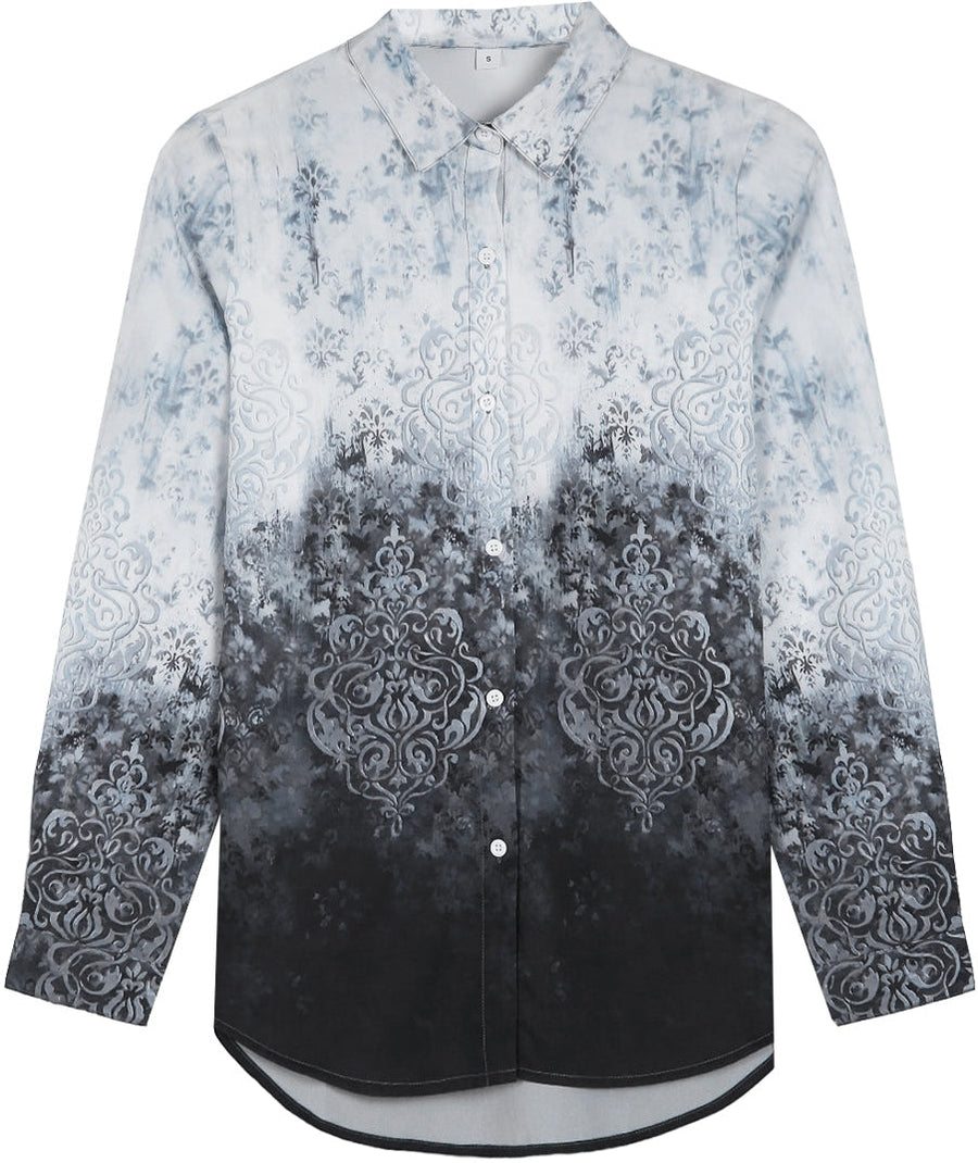 Noble Collared Print Long Sleeve Top