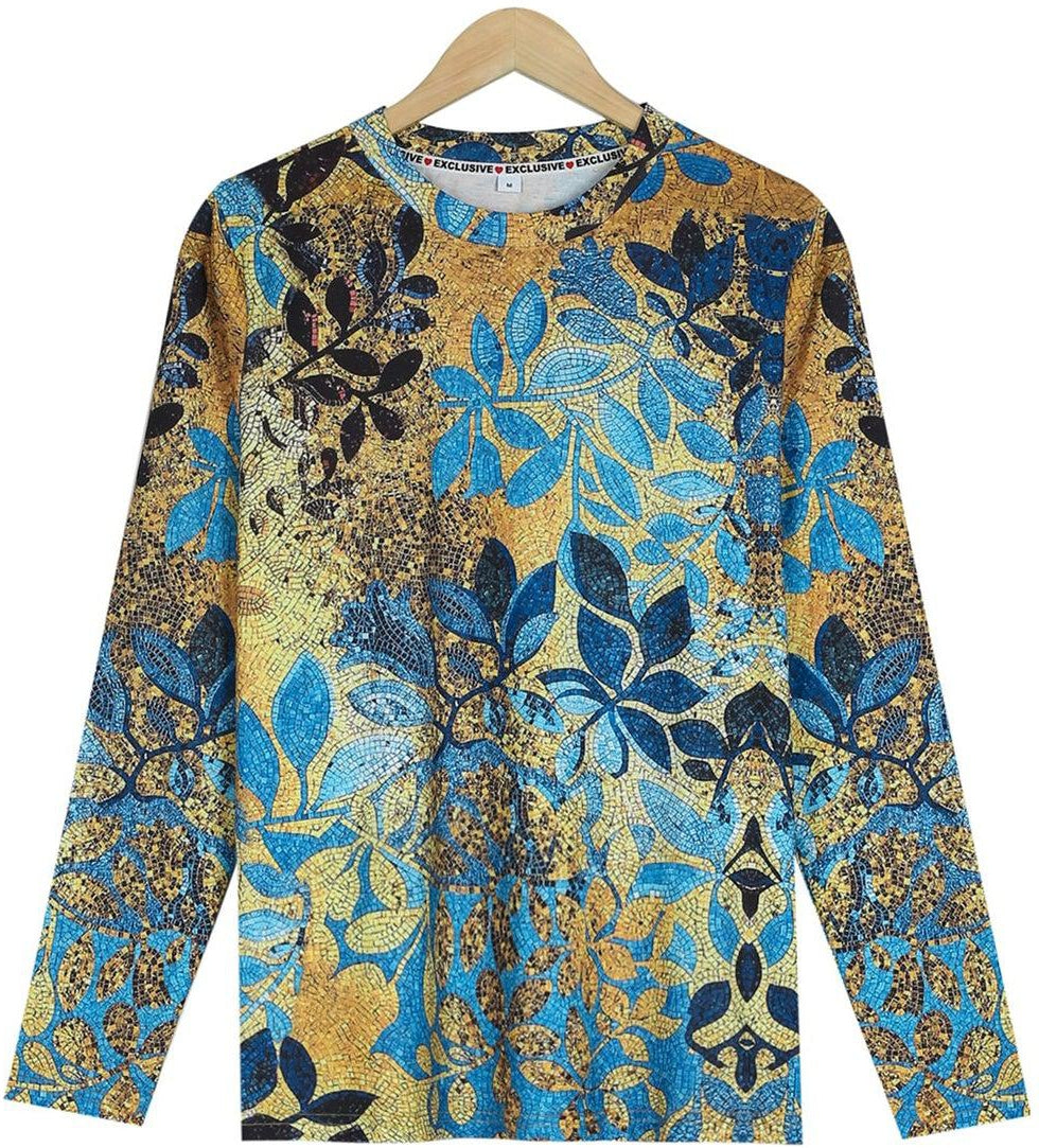 Gold Foil Blue Floral Print Long-Sleeve Top
