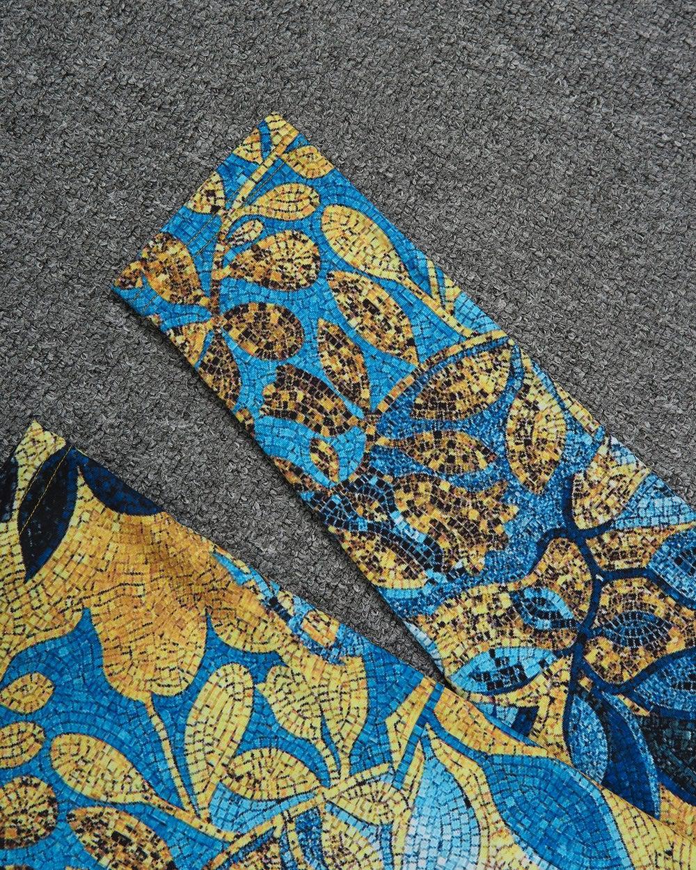 Gold Foil Blue Floral Print Long-Sleeve Top