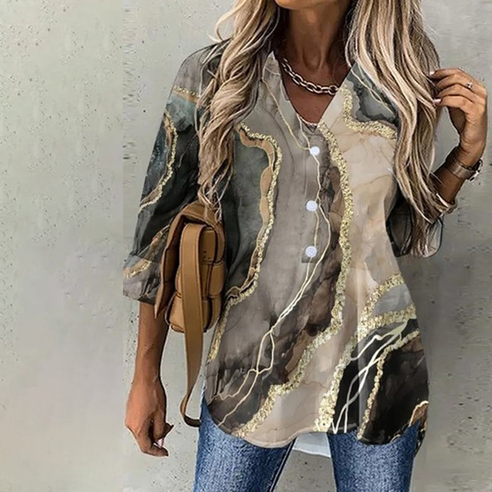 Golden Gray Marbled Ocean Wave Button Front Tunic Top