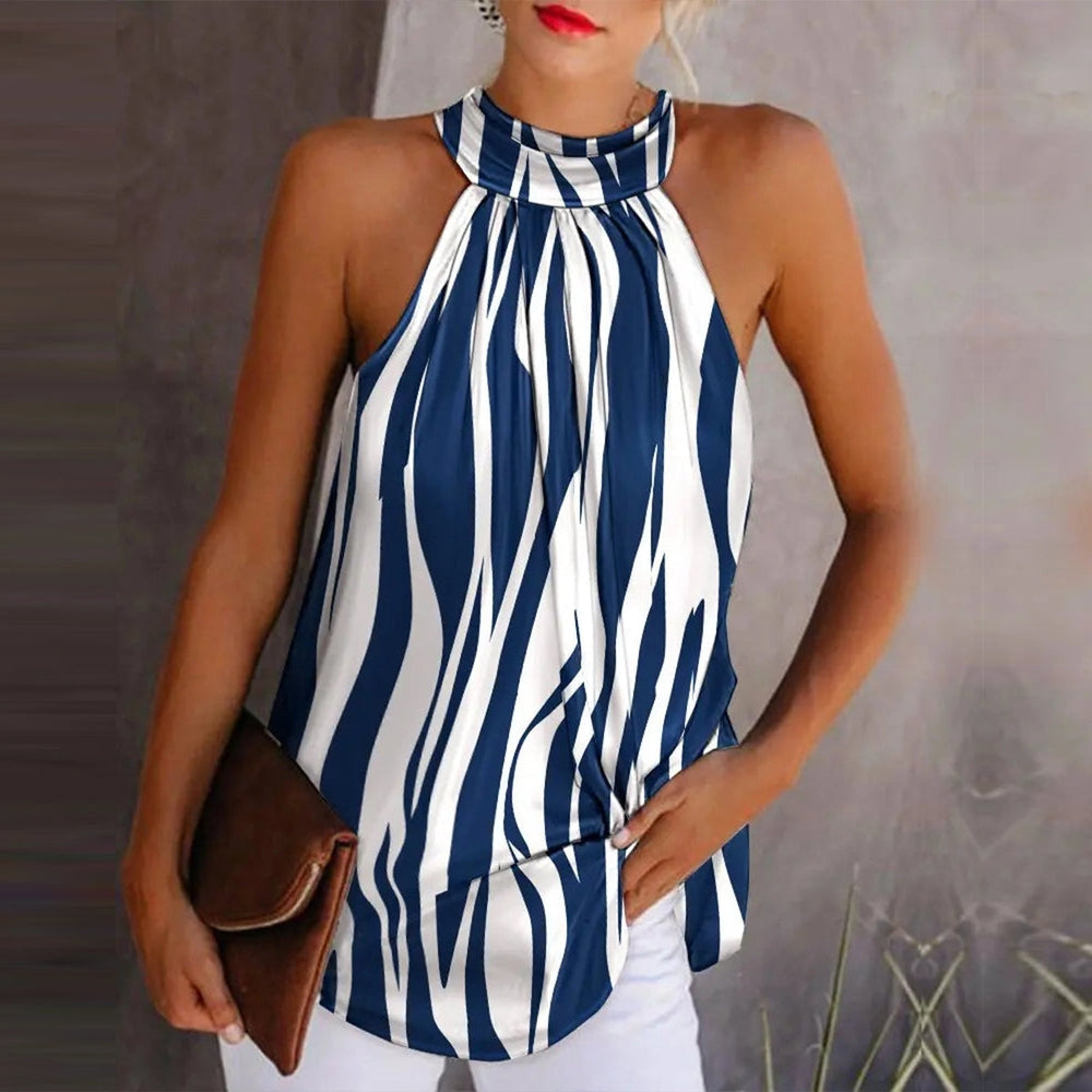 Tropical Blue and White Stripe Sleeveless Halter Top