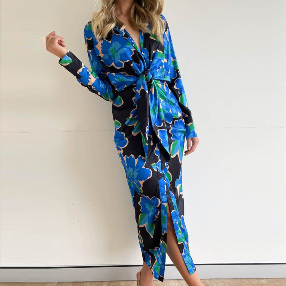 Fresh Blue Long Sleeve Print Maxi Dress