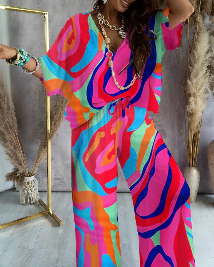 Showy Multicolor 3/4 Sleeve Two Piece Set