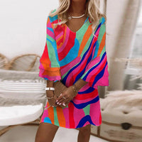 Curved Stripes Multi-Color Bell Sleeve Mini Dress
