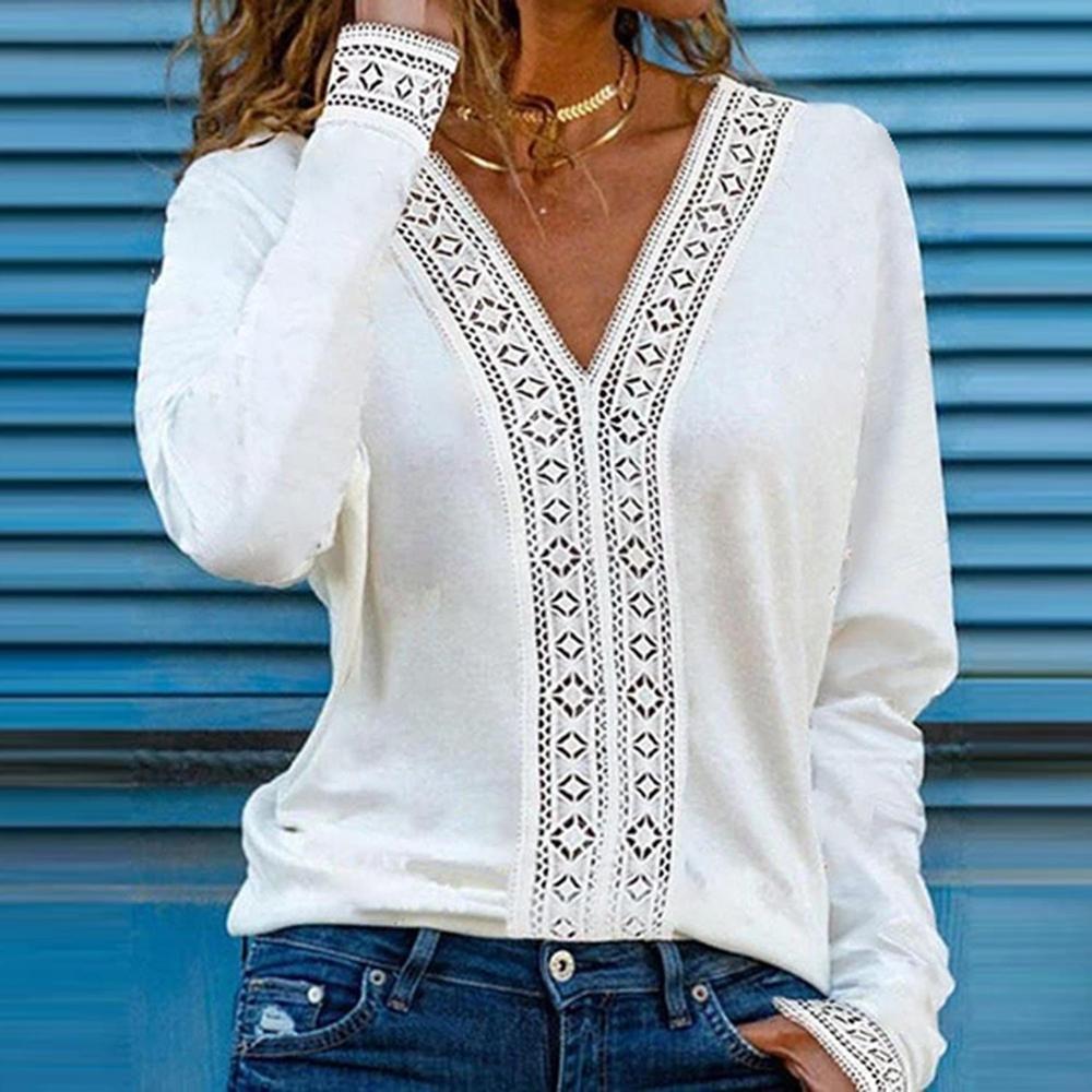 Popular V-Neck Plain White Hollow Out Long Sleeve Top