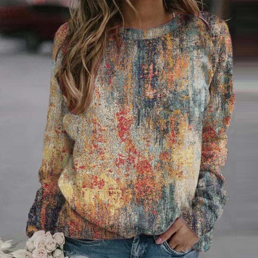 Chic Round Neck Long Sleeve Print Top