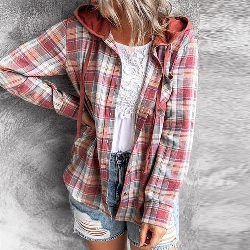 90s Checkered Hoodie Button-Up Top