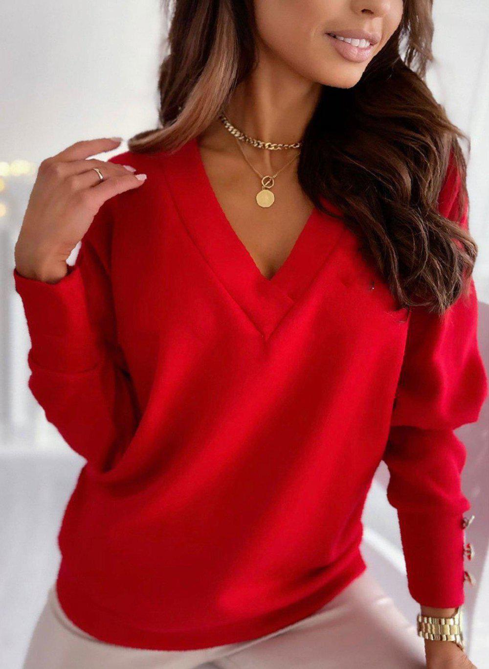 Siren Red V-Neck Gold Button Top