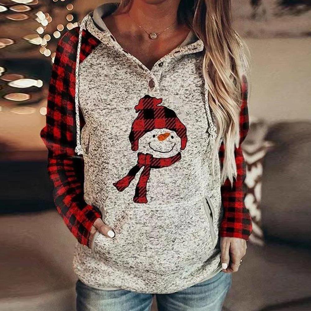 Red and Black Plaid Snowman Buttoned Long Sleeve Sweatshirt