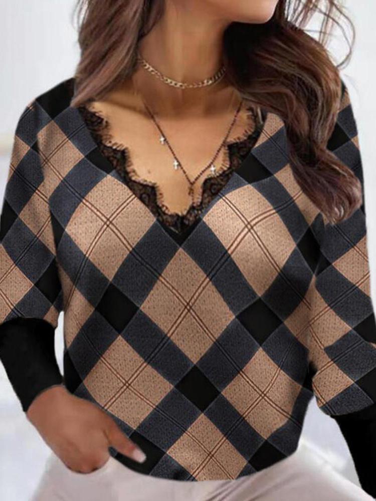 Stylish Brown Plaid Print Sweater